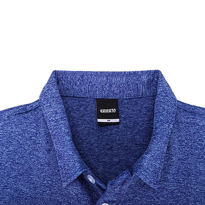 Close-up of brand label inside Yamato Men's Slim Fit Golf Polo in blue.