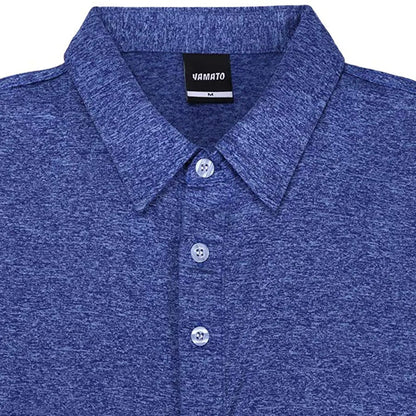 Close-up of the collar of Yamato Men's Slim Fit Golf Polo in blue.