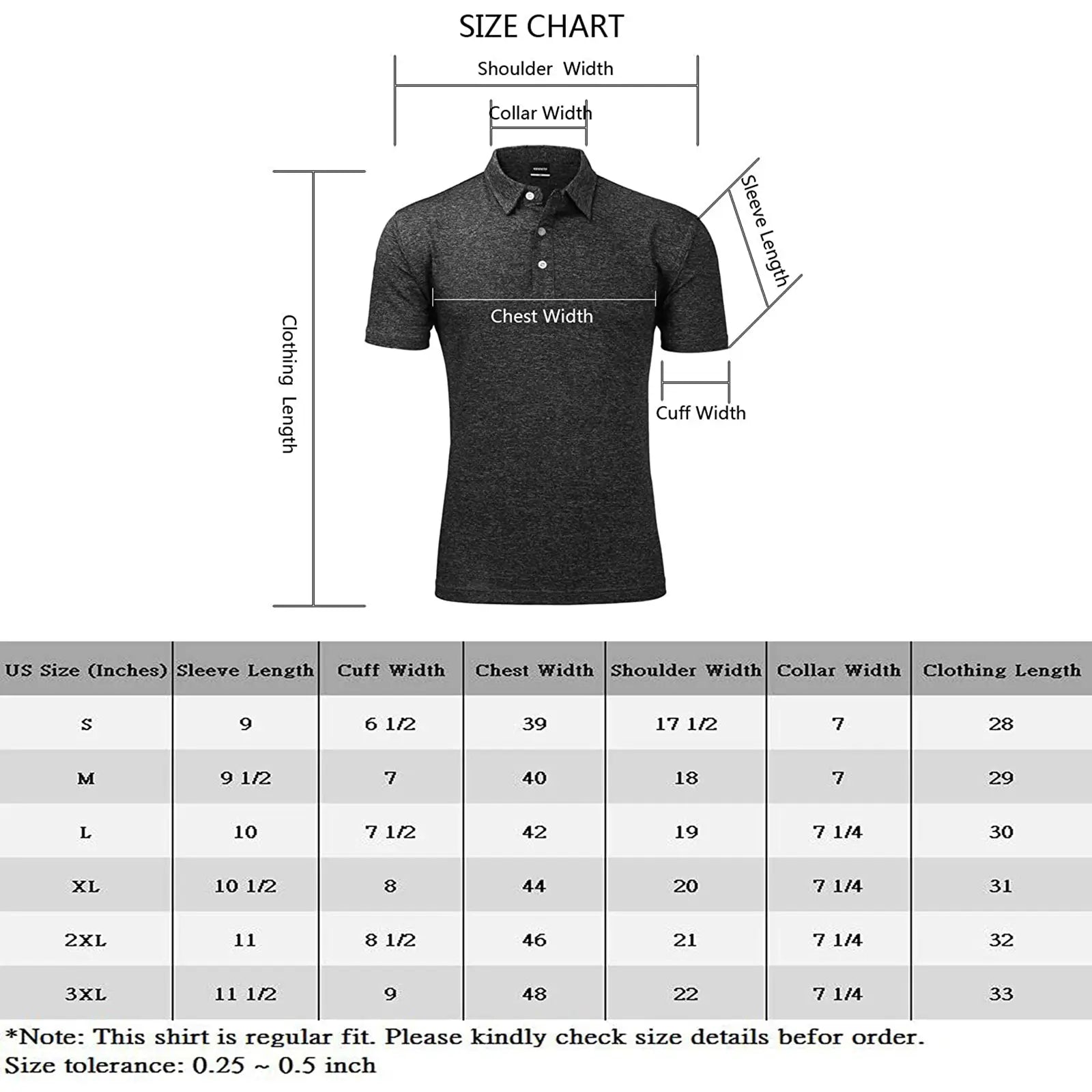 Size chart for Yamato Men's Slim Fit Golf Polo, displaying available sizes and measurements.