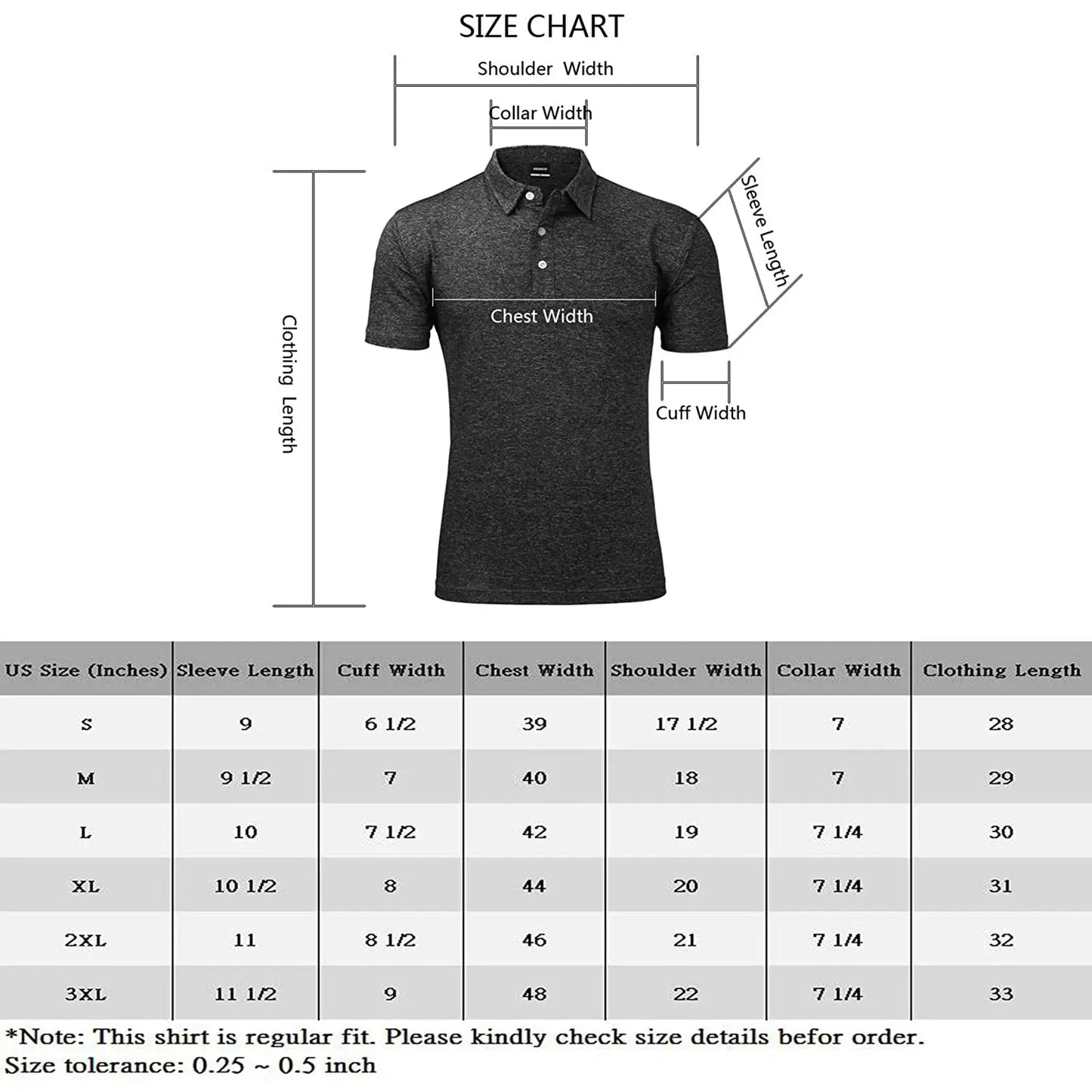 Size chart for Yamato Men's Slim Fit Golf Polo, displaying available sizes and measurements.