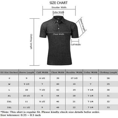 Size chart for Yamato Men's Slim Fit Golf Polo, displaying available sizes and measurements.