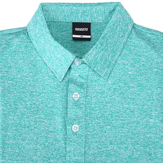 Close-up of the collar of Yamato Men's Slim Fit Golf Polo in turquoise.